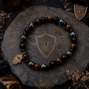 Bracelet Protection en pierres naturelles avec tourmaline noire, obsidienne noire, œil de tigre et hématite