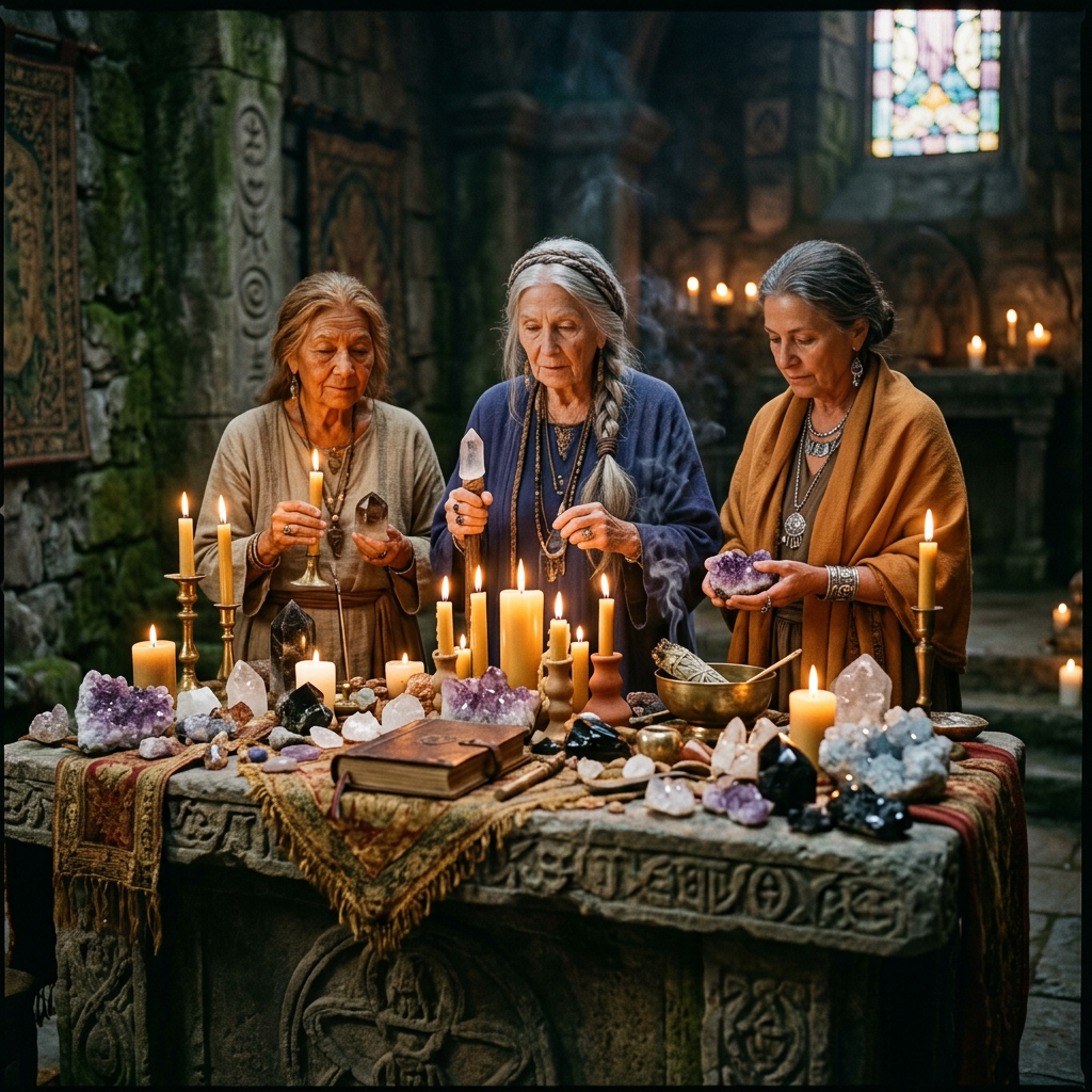 Three elderly women holding crystals and surrounded by lit candles on an ornately carved stone altar