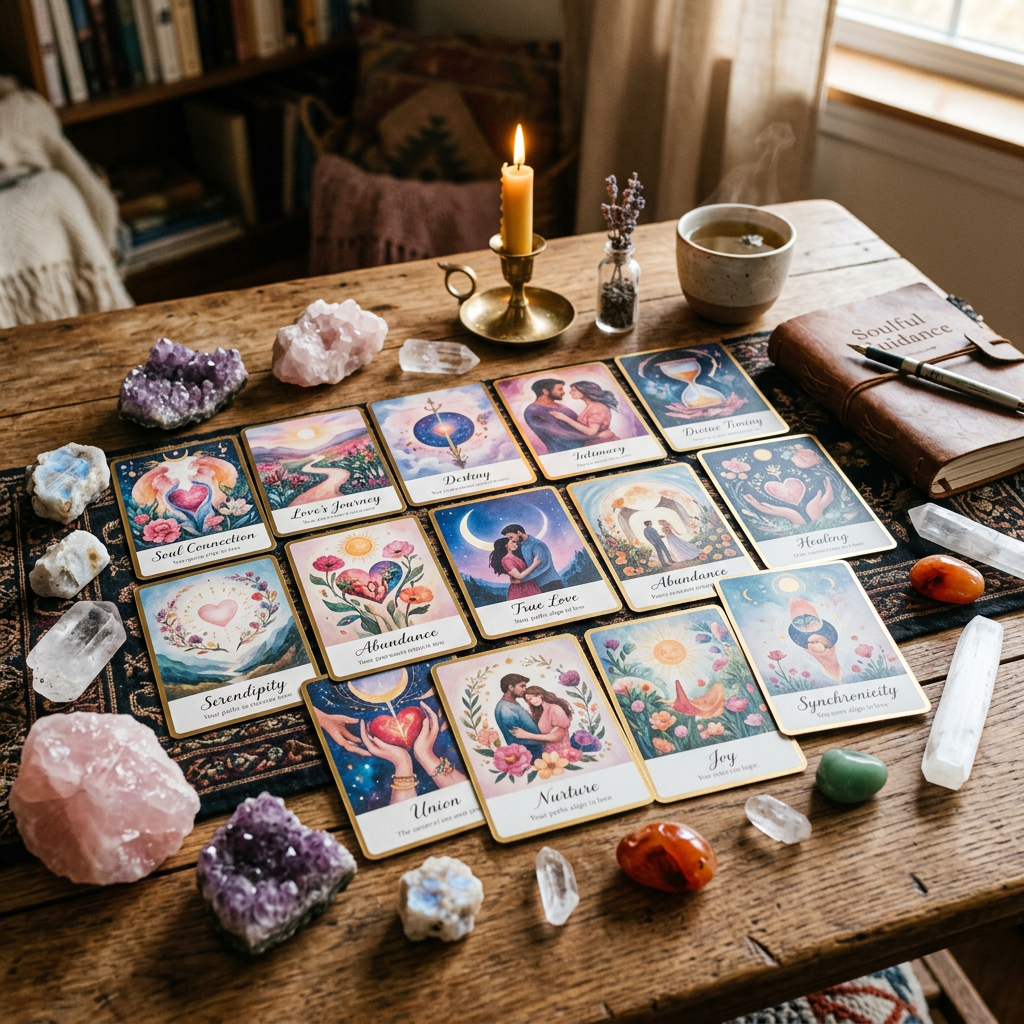 Tarot cards laid out on a table with crystals, a lit candle, a cup of tea, and a journal titled Soulful Guidance