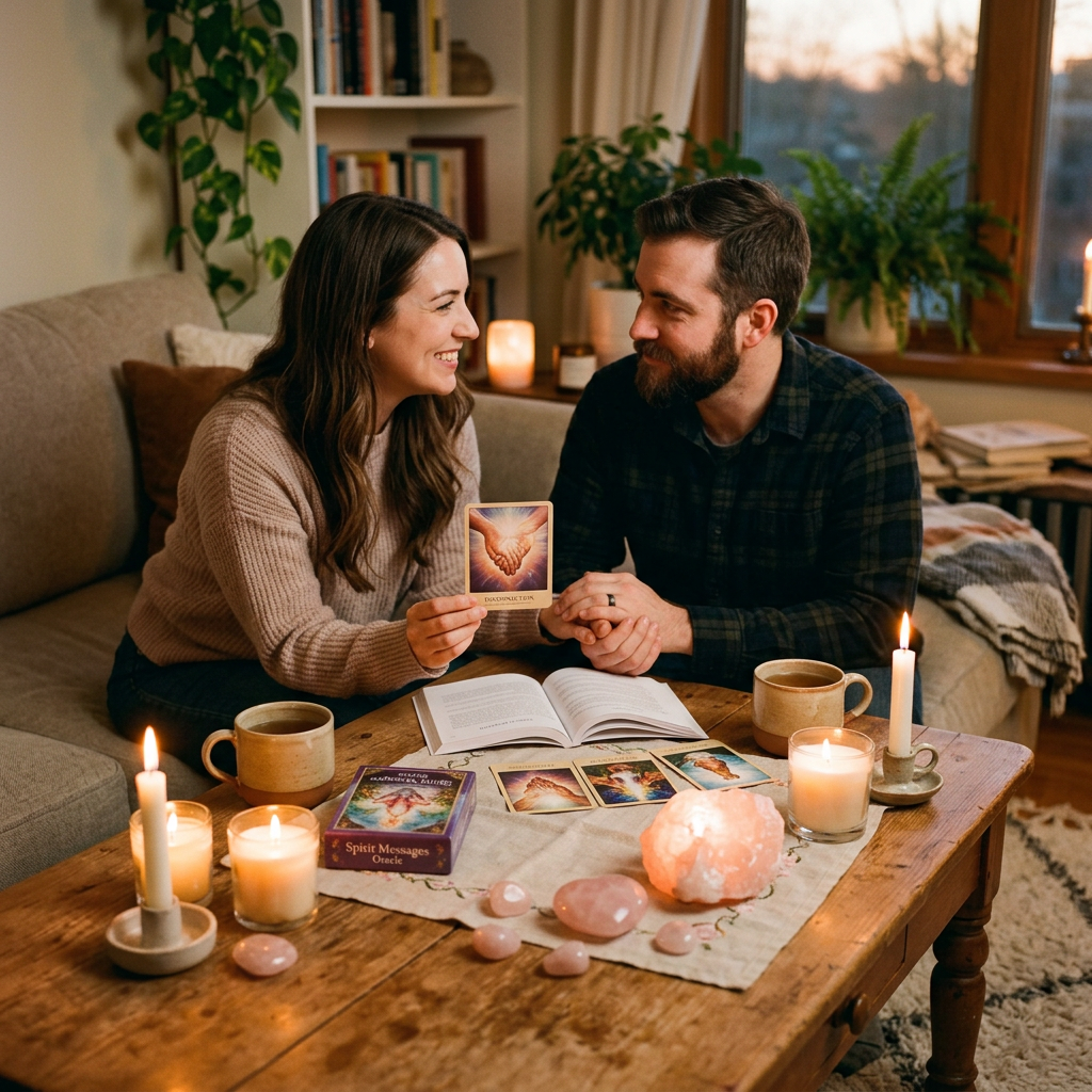 Couple sitting at a table with tarot cards, candles, and crystals.