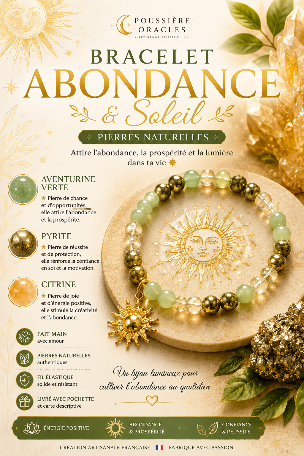 Bracelet Abondance & Soleil en aventurine verte, pyrite et citrine sur fond solaire lumineux