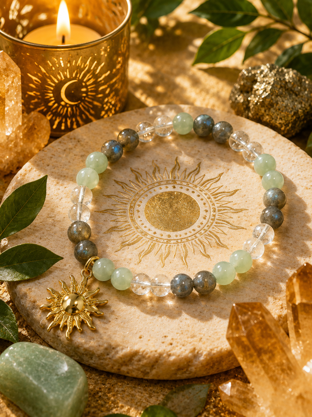 Bracelet Abondance & Soleil en aventurine verte, pyrite et citrine sur fond solaire doré