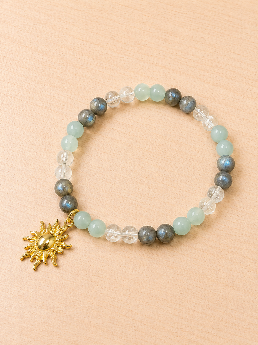 Bracelet Protection et Intuition en pierres naturelles 6 mm avec breloque soleil dorée – Pyrite, Aventurine verte et Citrine – Poussière Oracles