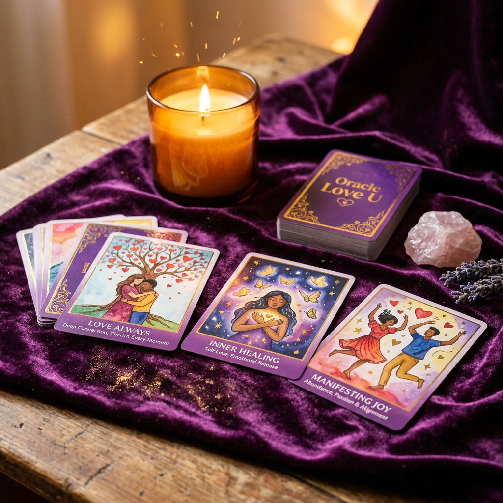 Oracle Love U tarot cards including Love Always, Inner Healing, and Manifesting Joy on purple velvet with lit candle and crystals