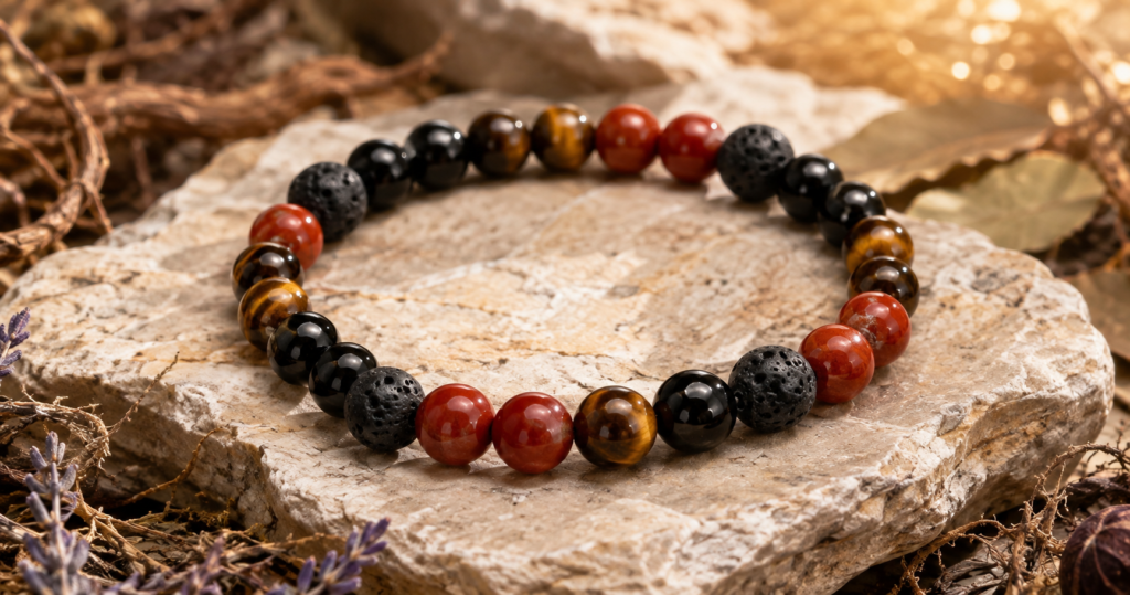 Bracelet Ancrage & Force en jaspe rouge, oeil de tigre, obsidienne noire et pie
rre de lave