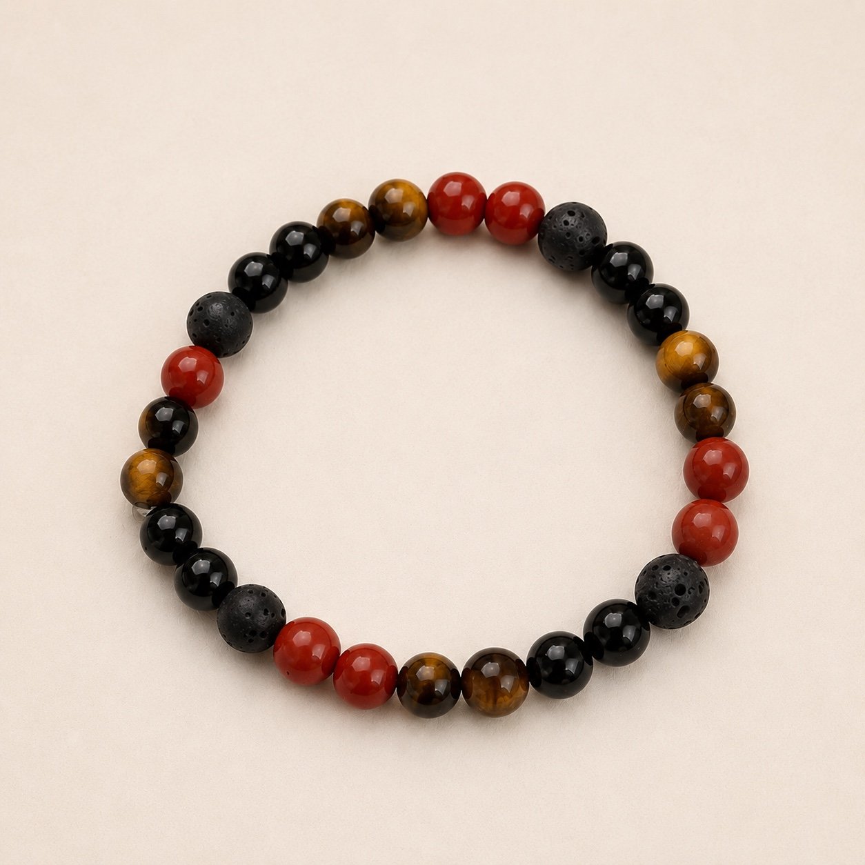 Bracelet Ancrage & Force taille S 16 cm en jaspe rouge, œil de tigre, obsidienne et pierre de lave