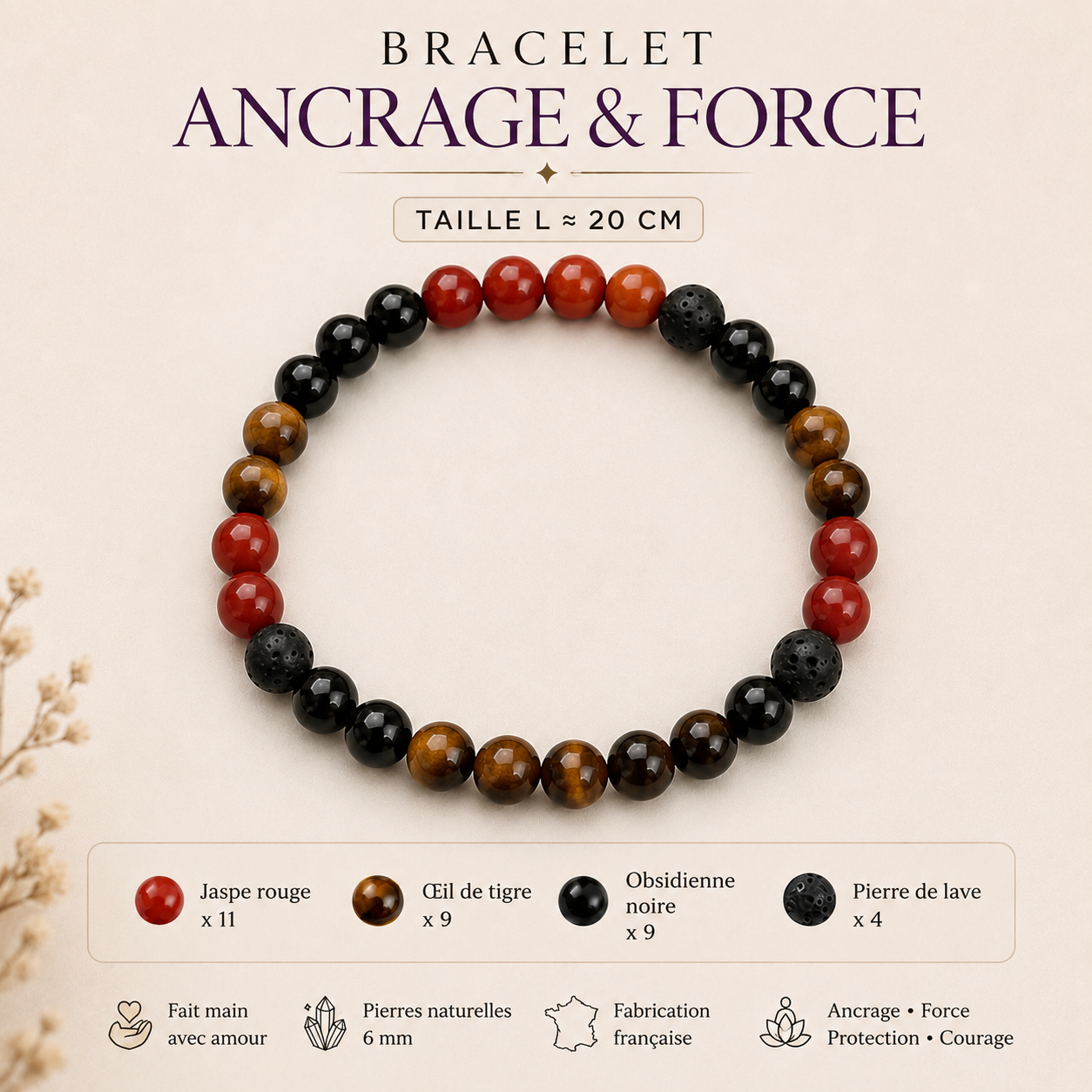 Bracelet Ancrage et Force taille L en pierres naturelles 6 mm