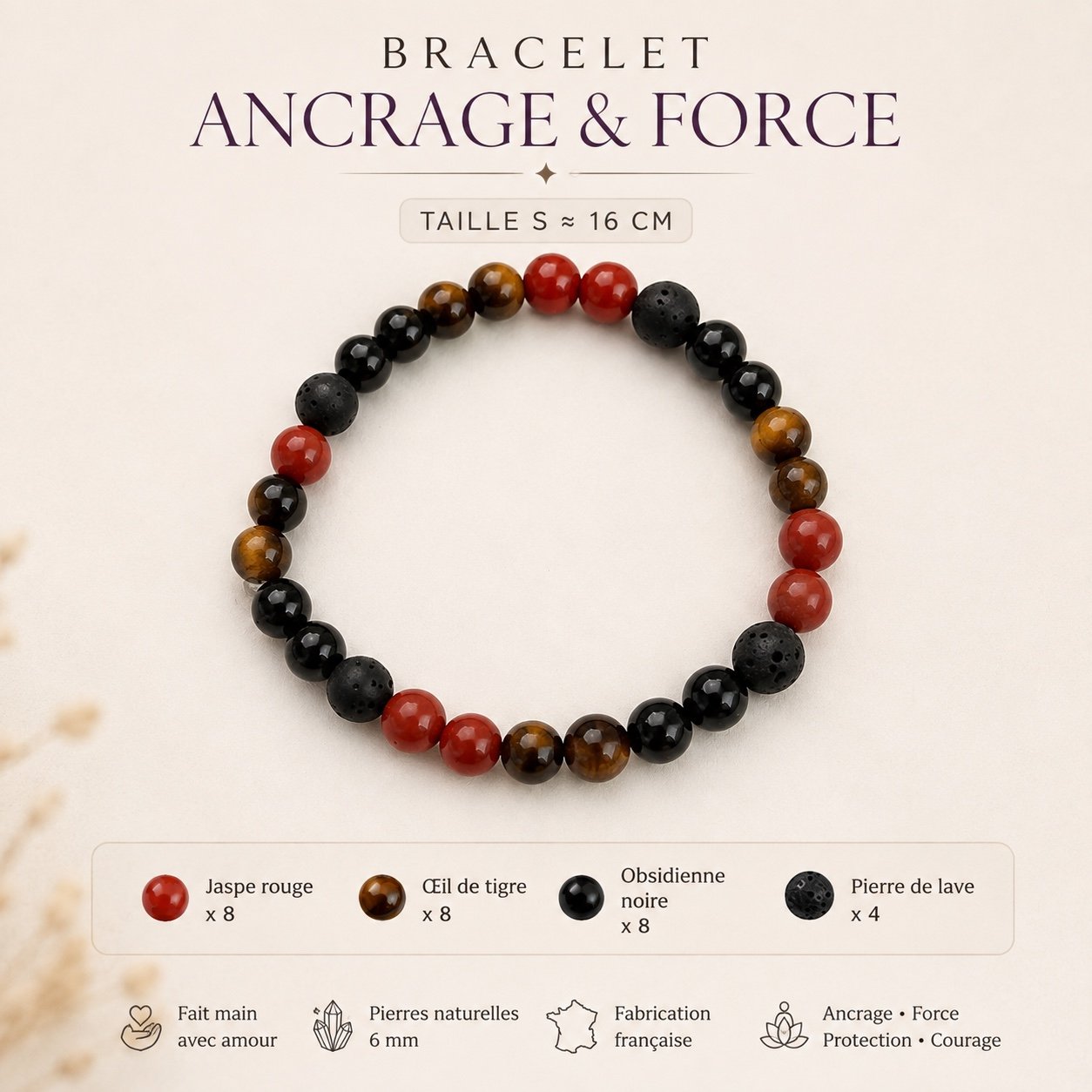 Bracelet Ancrage & Force taille S en pierres naturelles 6 mm